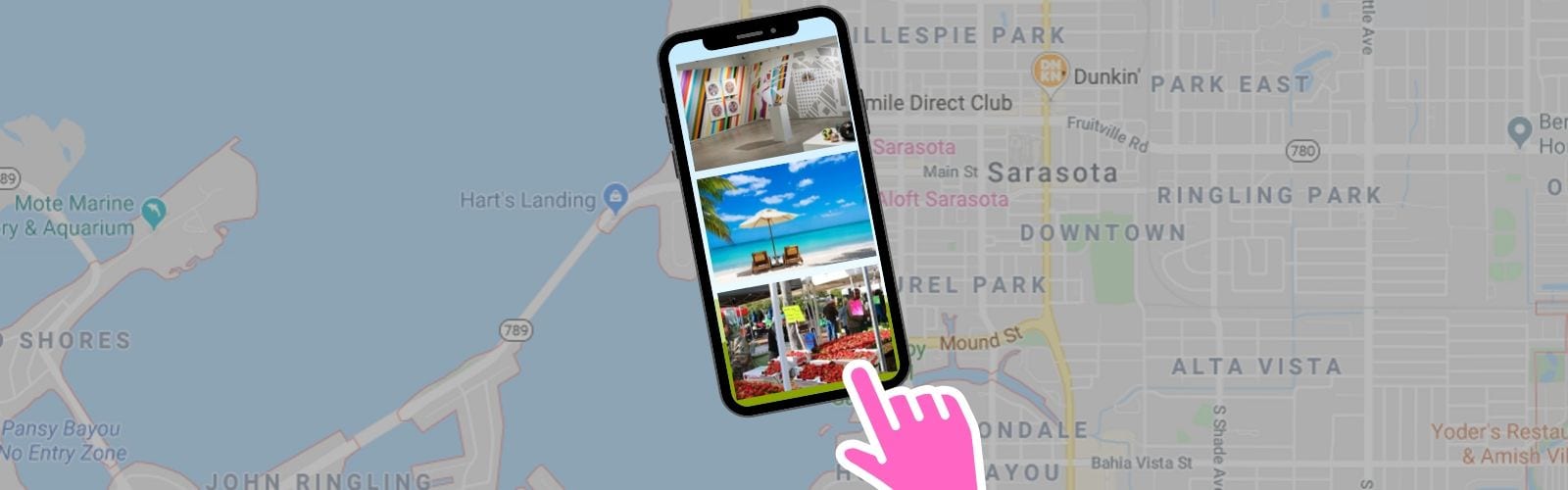 iphone over the Sarasota map, looking at places near BLVD Sarasota